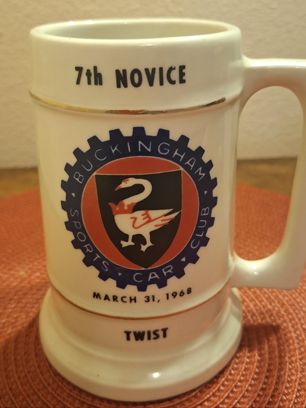 Vintage Buckingham Sports Car Club White Ceramic Commemorative Mug - 7th Novice.
